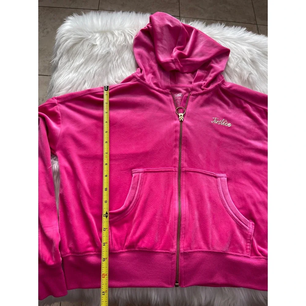 Justice Girls Pink Velour Full-Zip Cropped Hoodie Cargo Pocket Size Large